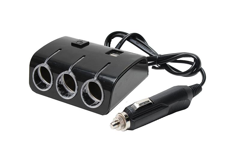 Авторазветвитель  3 в1 со шнуром  (3 порта +2 USB 2100/1000 mAh, подсветка,с функцией отключения портов)