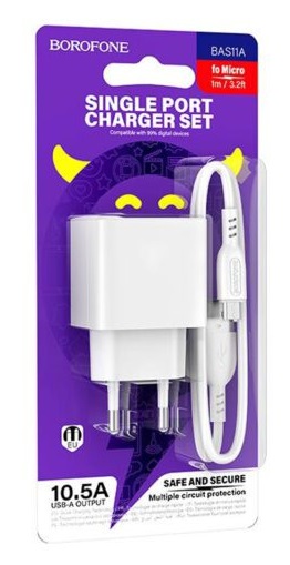 Блок питания сетевой 1 USB Borofone BAS11A, Erudite, 5V/2.1A, кабель USB - микро USB, 1.0м, цвет: белый