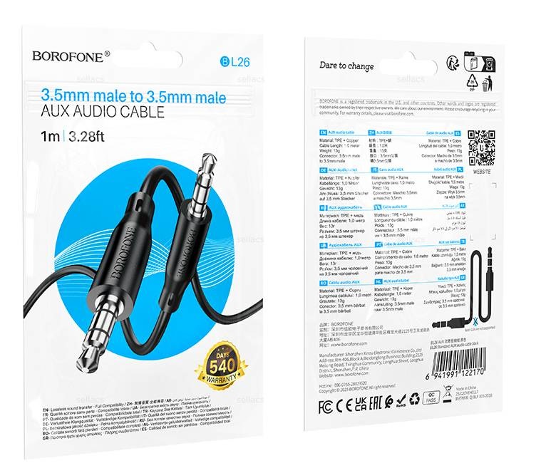 Кабель AUX, Jack 3,5mm(m) - Jack 3,5mm(m) Borofone BL26, Standard, 1.0м, цвет: черный
