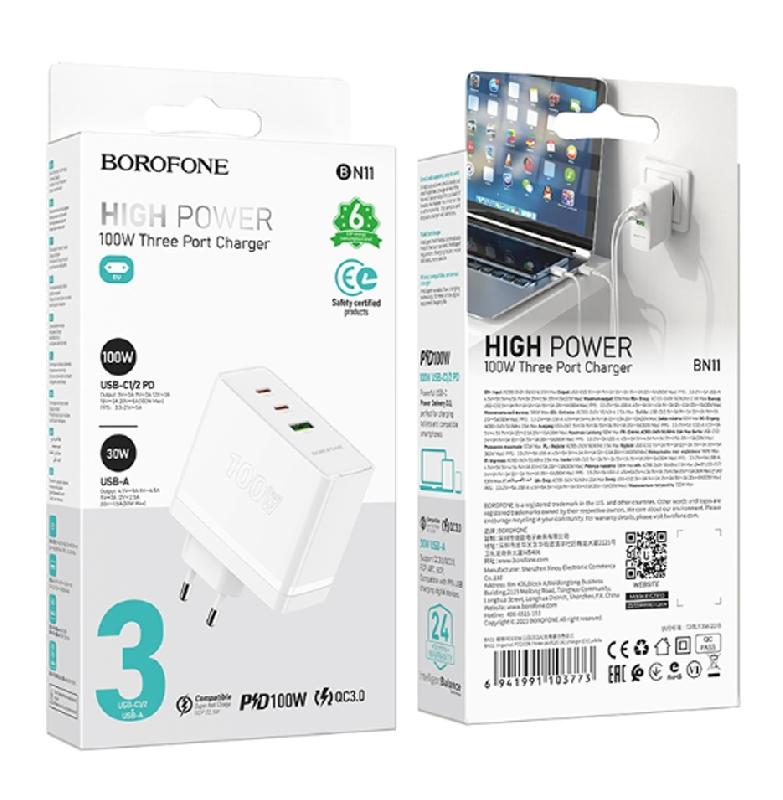 Блок питания сетевой 1 USB, 2 Type-C Borofone BN11, Imperial, PD 100Вт, цвет: белый