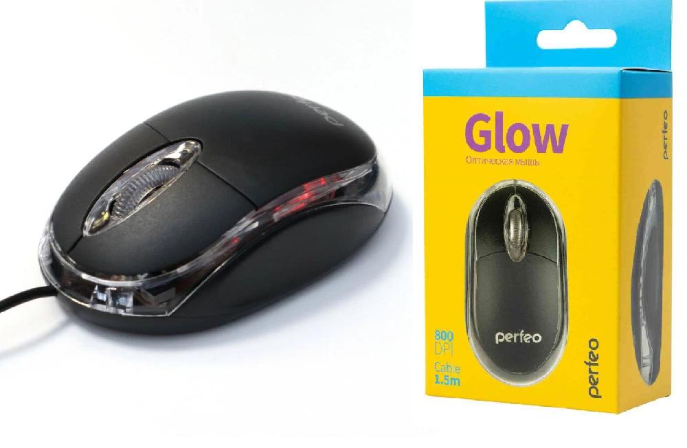 Perfeo мышь оптическая "GLOW", подсветка, оптич., 3 кн, USB, чёрная