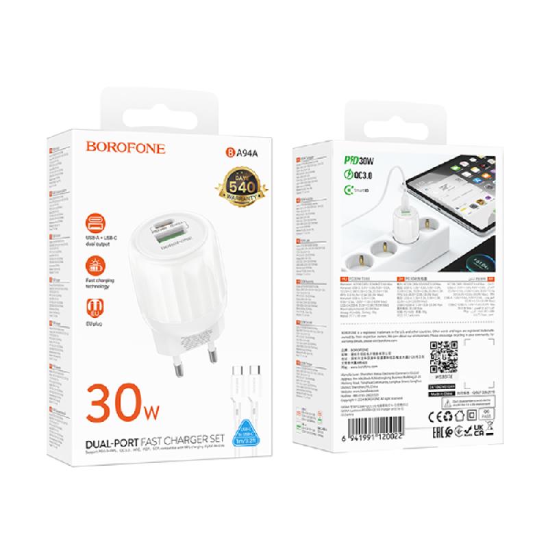 Блок питания сетевой 1 USB, Type-C Borofone BA94A, Lustrous, 30W, PD/QC3.0/FCP/AFC, кабель Type-C-Type-C, 1,0 м, 60 Вт, цвет: белый
