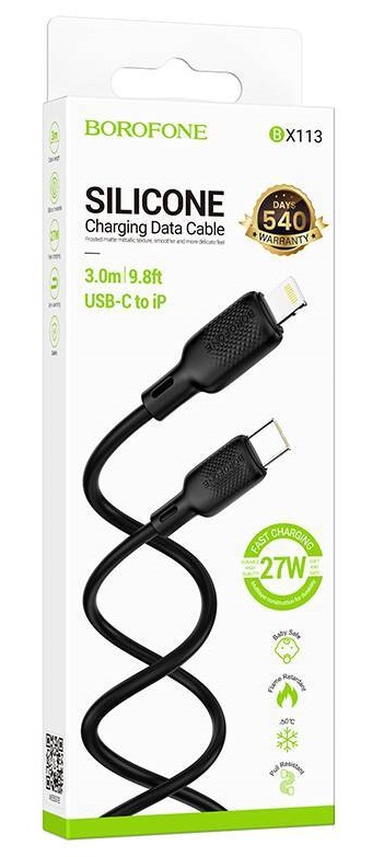 Кабель Type-C - 8 pin Borofone BX113 Lenny, 3.0м, 27Вт, цвет: чёрный