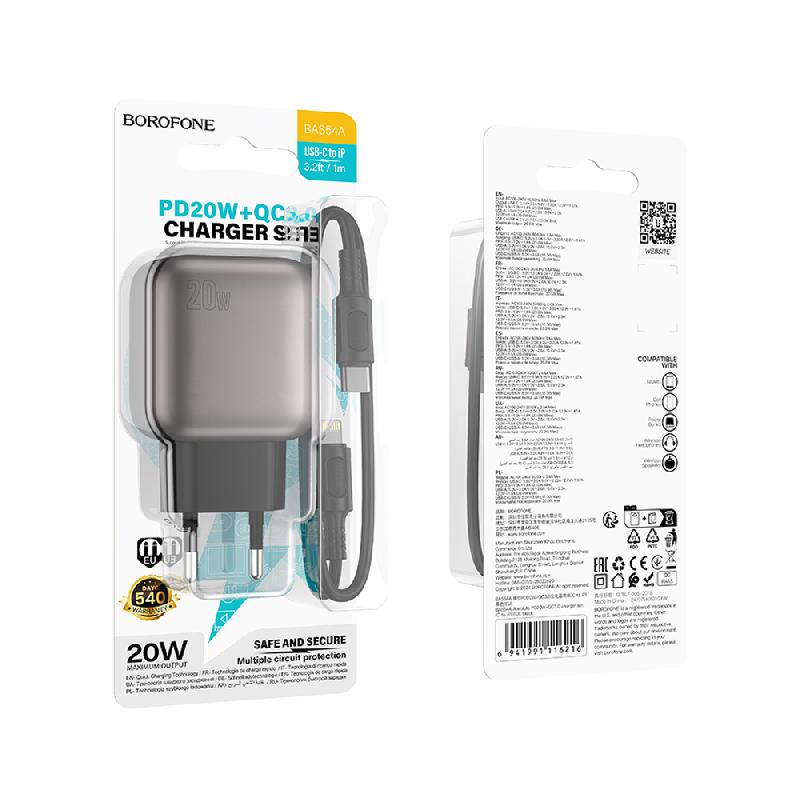 Блок питания сетевой 1 USB, Type-C Borofone BAS54A, Absolute, 20Вт, PD20W/QC3.0/FCP/AFC, кабель 8 pin-Type-C, 1,0 м, цвет: чёрный