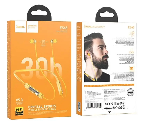 Беспроводные стереонаушники HOCO ES65  bluetooth (с микрофоном) Sports, магнит.уши (Желтый)