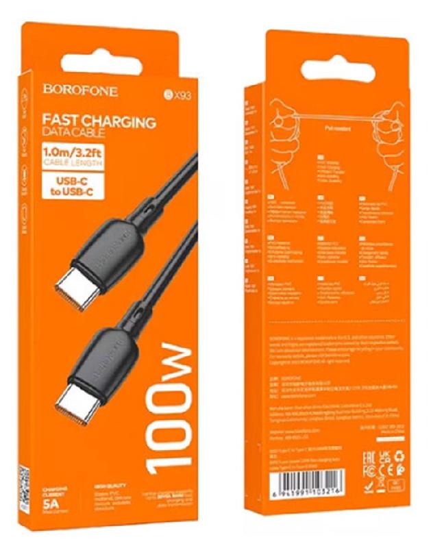 Кабель Type-C - Type-C Borofone BX93 Super power, 1.0м, 3,0А, PD 60Вт, цвет: чёрный